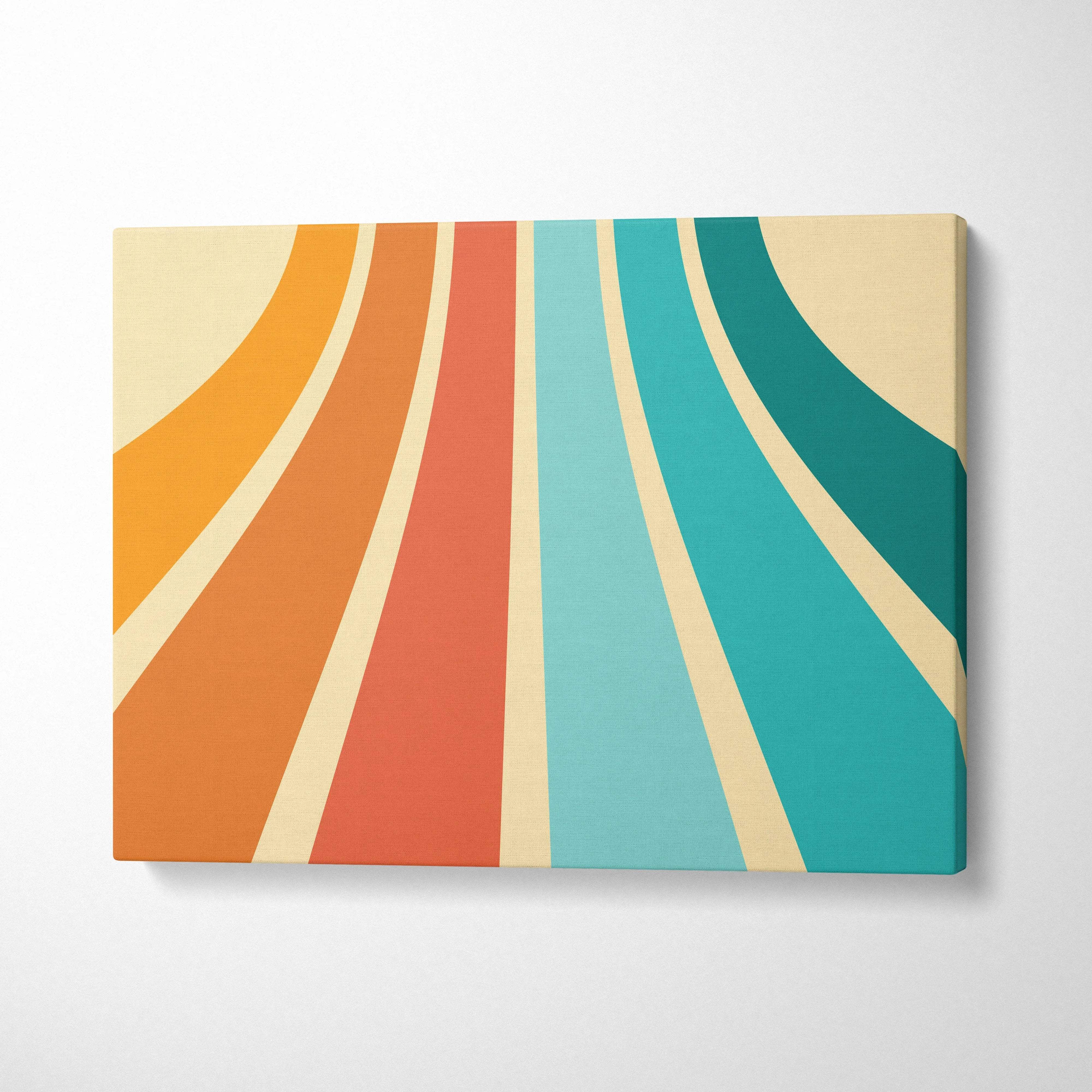 Vibrant retro sunburst canvas wall art in orange coral teal cream