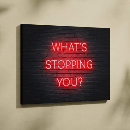 Red neon what s stopping you wall art print on black brick canvas motivational quote for office gym or bedroom decor
