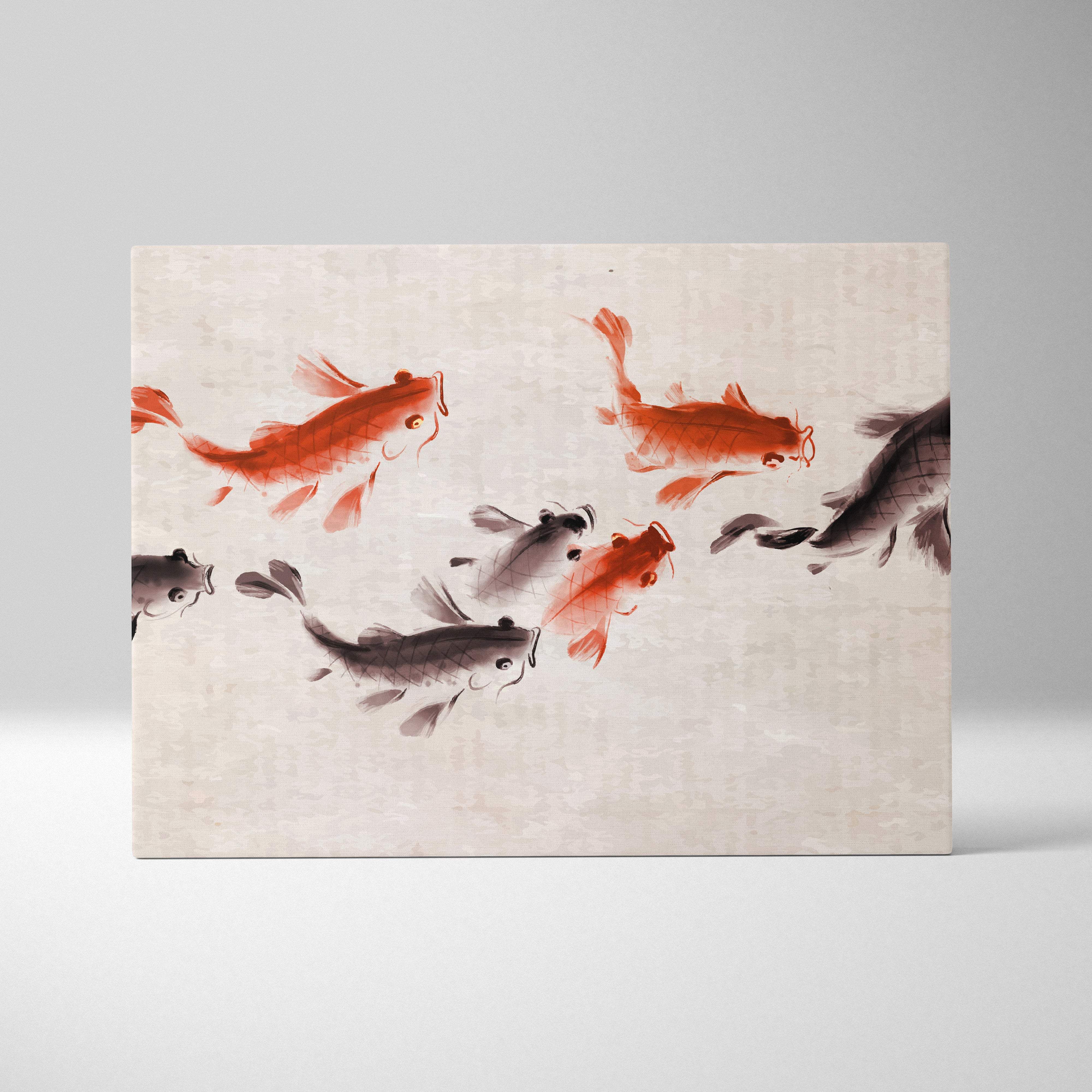 A rectangular koi fish canvas wall art featuring traditional red black and white ink wash painting for living room decor