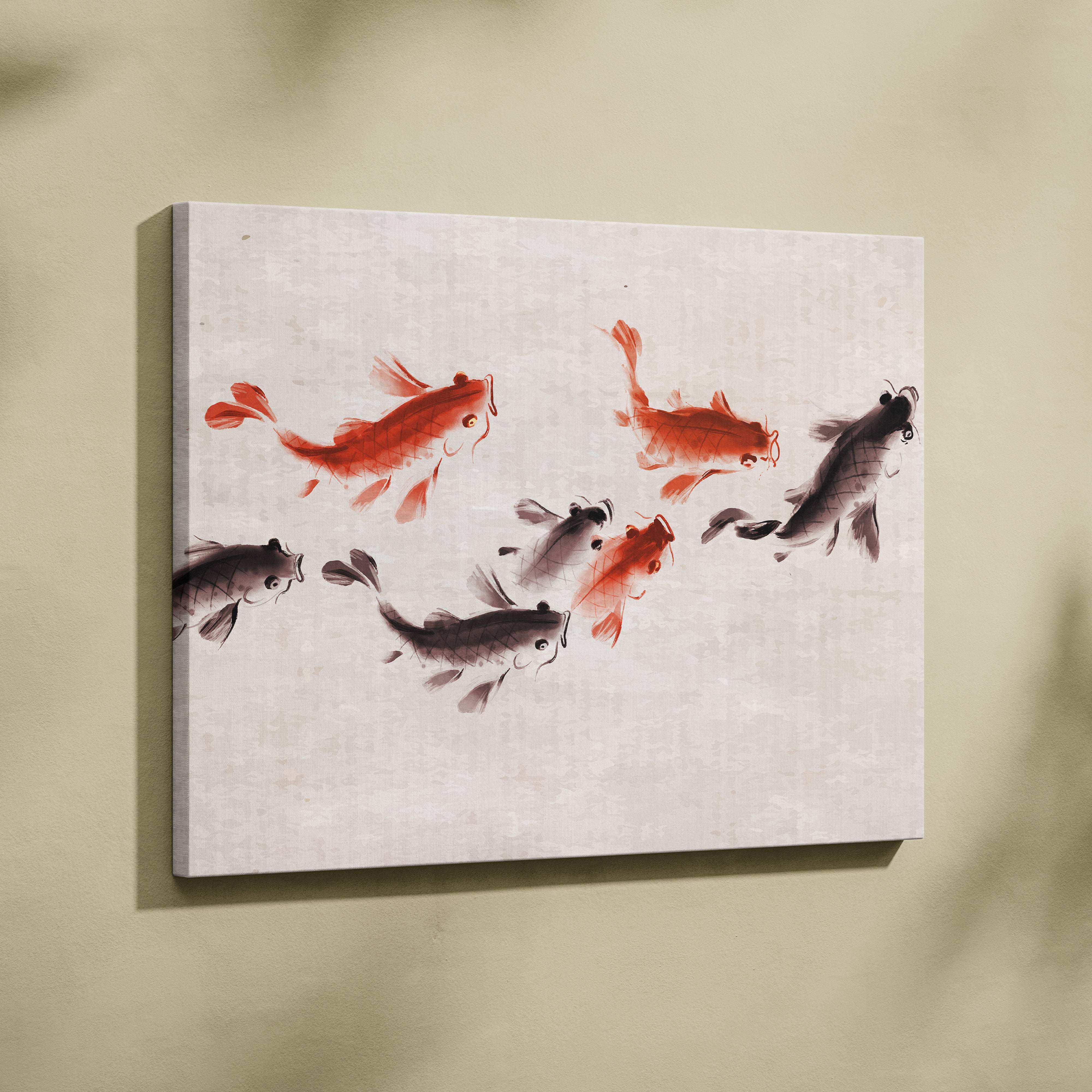 A minimalist koi fish canvas wall art featuring red and black ink wash style on textured off-white background