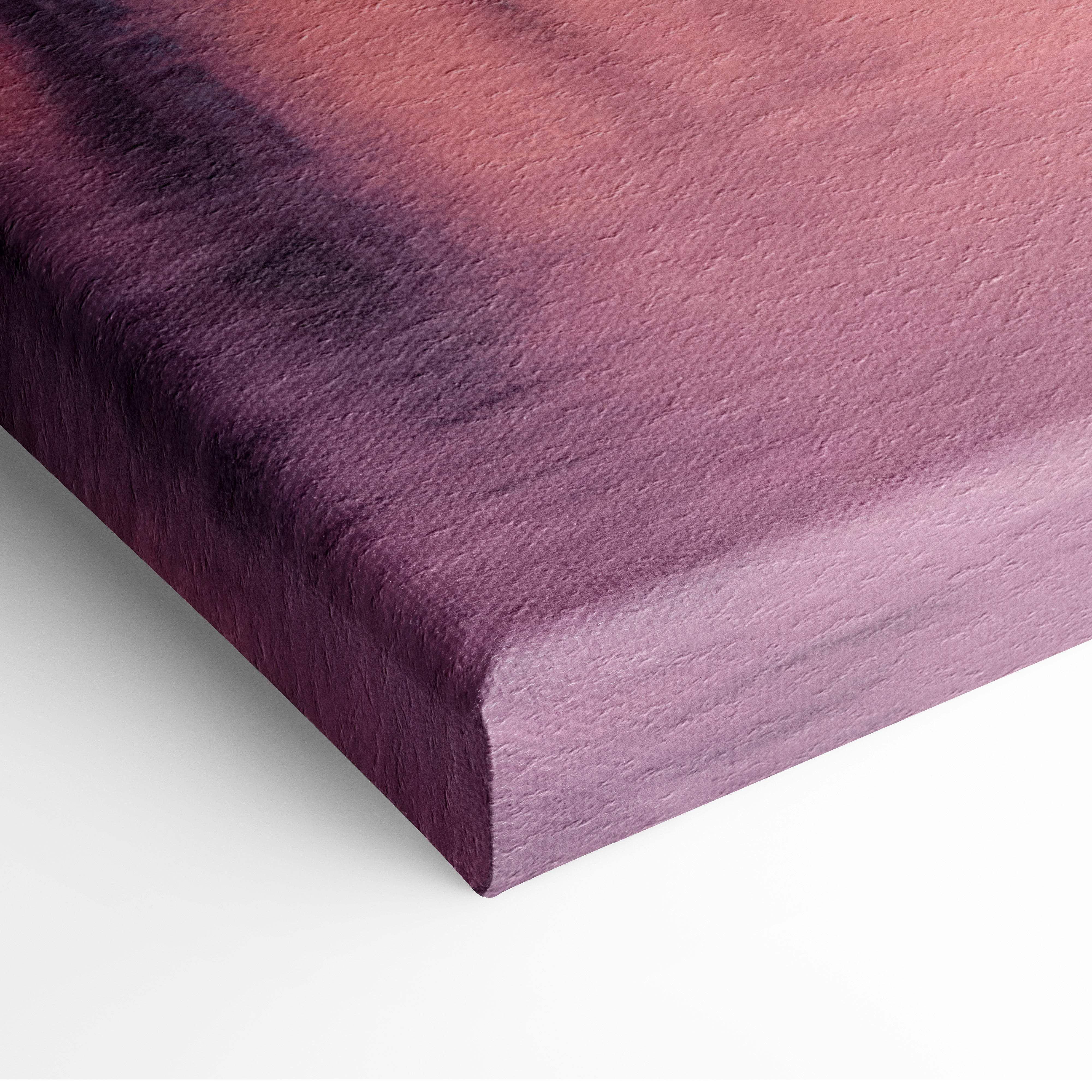 Serene pink sunset lake canvas print with purple gradient textured surface and soft pastel landscape design