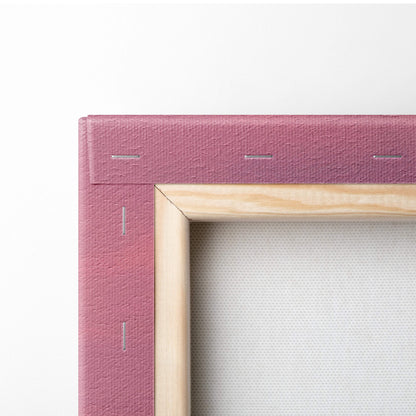Serene pink sunset lake painting style canvas print with textured pink canvas and light wood frame for wall art