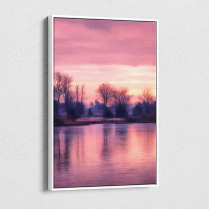 A framed canvas print of a serene pink sunset lake with tree silhouettes and calm water reflections in soft pastels