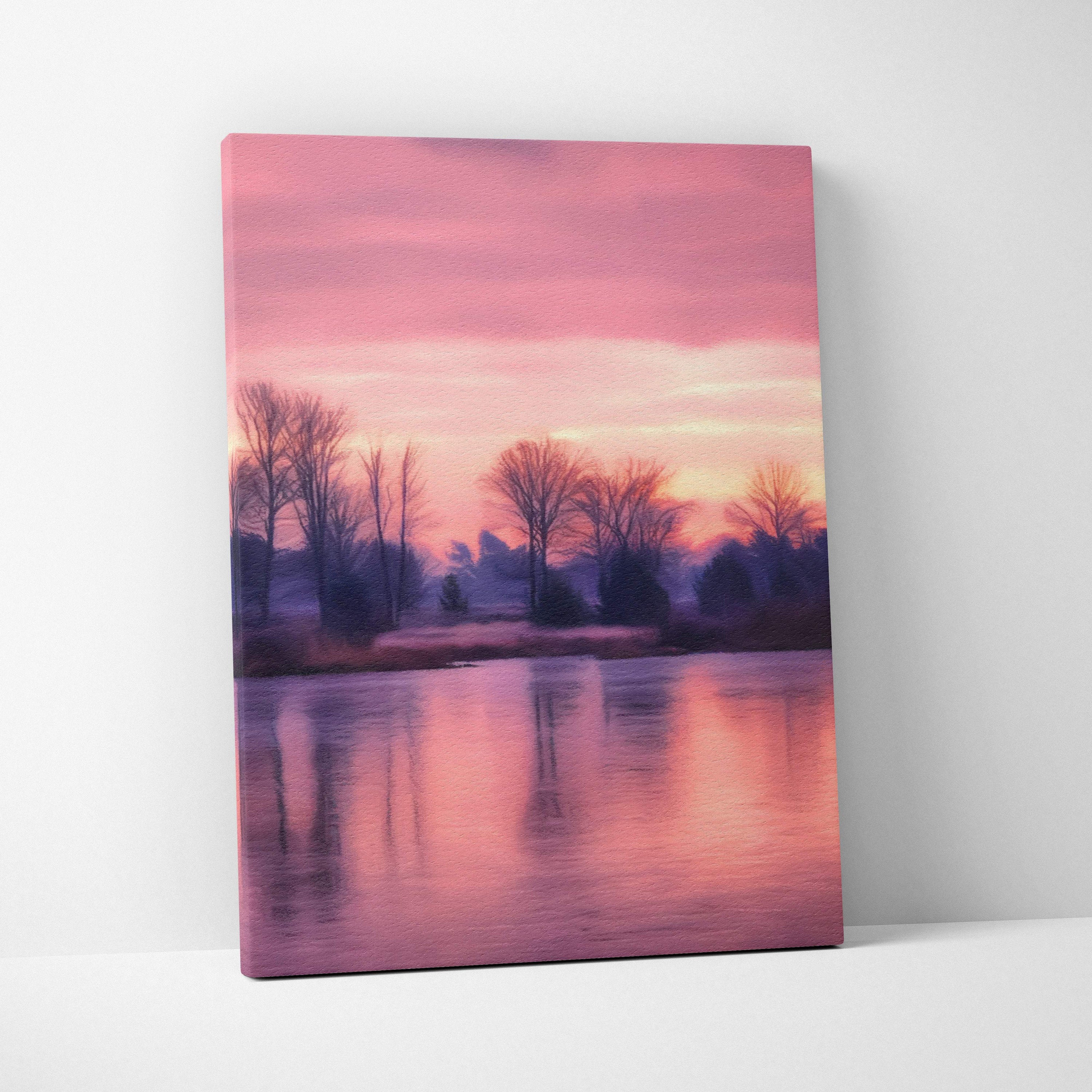 Rectangular canvas print of a serene pink sunset over a lake with tree silhouettes and calm water reflections