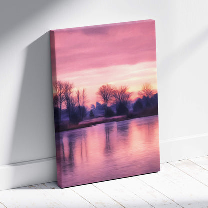 A rectangular canvas print of a serene pink sunset lake with tree silhouettes and calm water reflections on a white wall