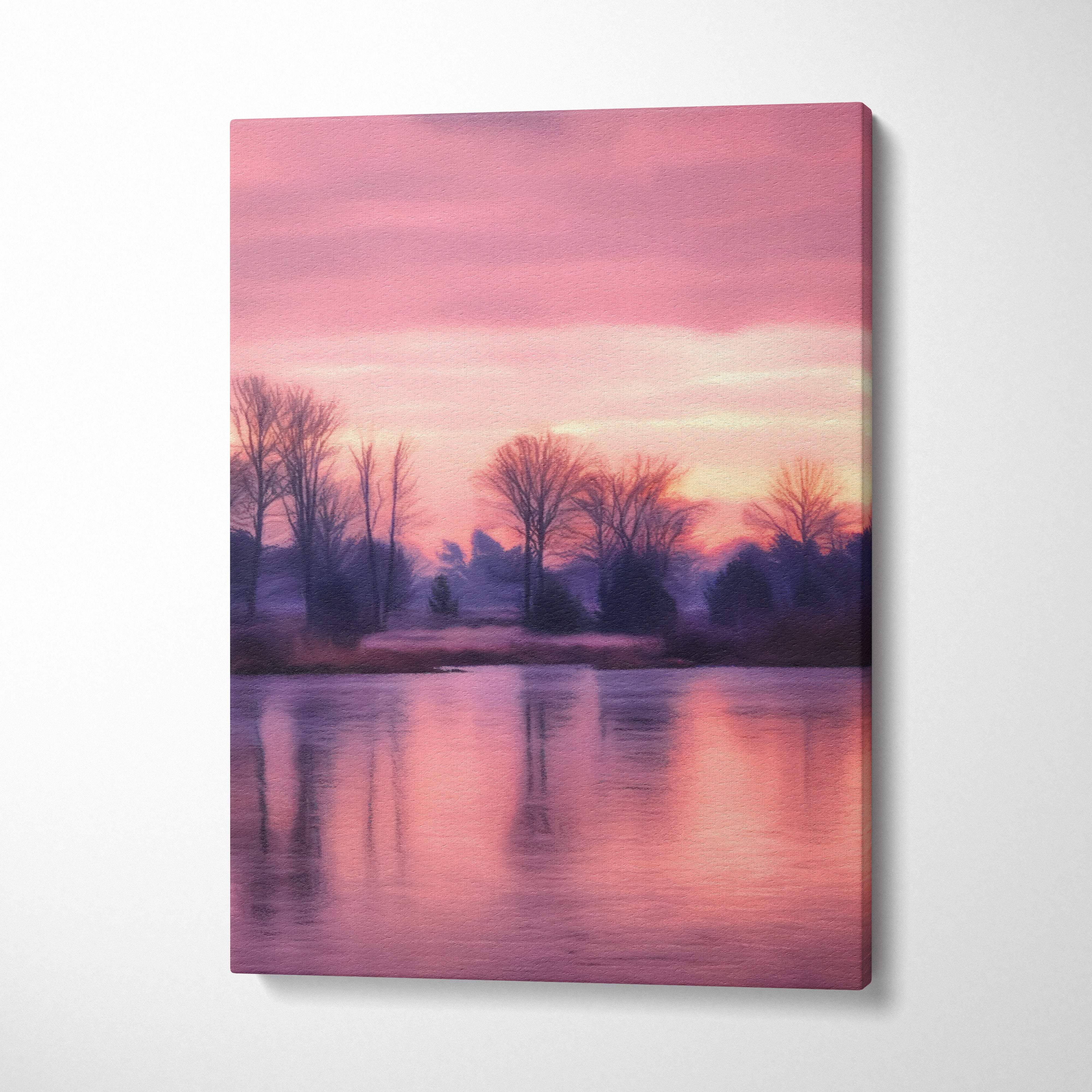 A rectangular canvas print of a serene pink sunset lake with tree silhouettes and soft pastel water reflections