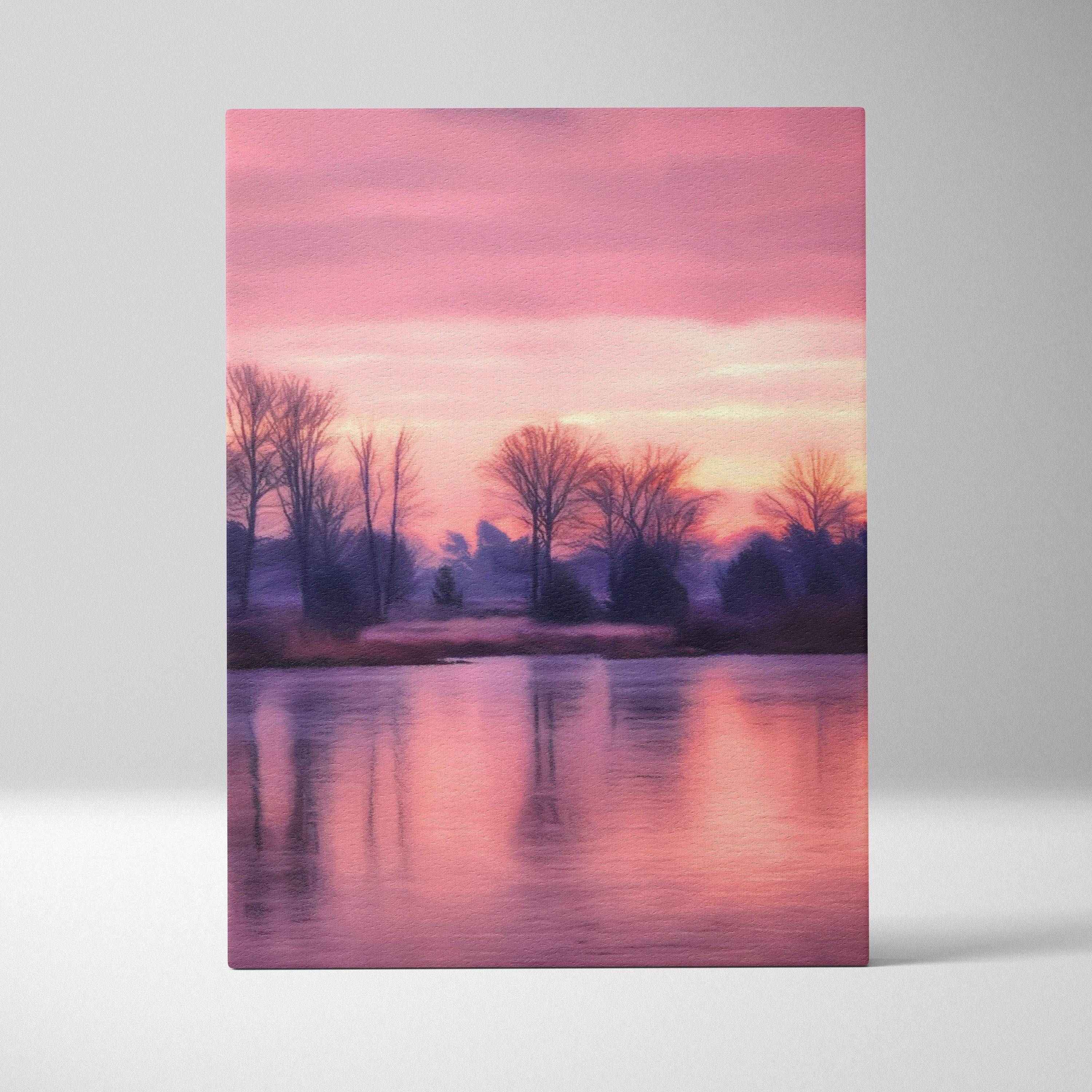 A rectangular canvas print of serene pink sunset lake with soft pastel landscape and tree silhouettes reflecting on calm water