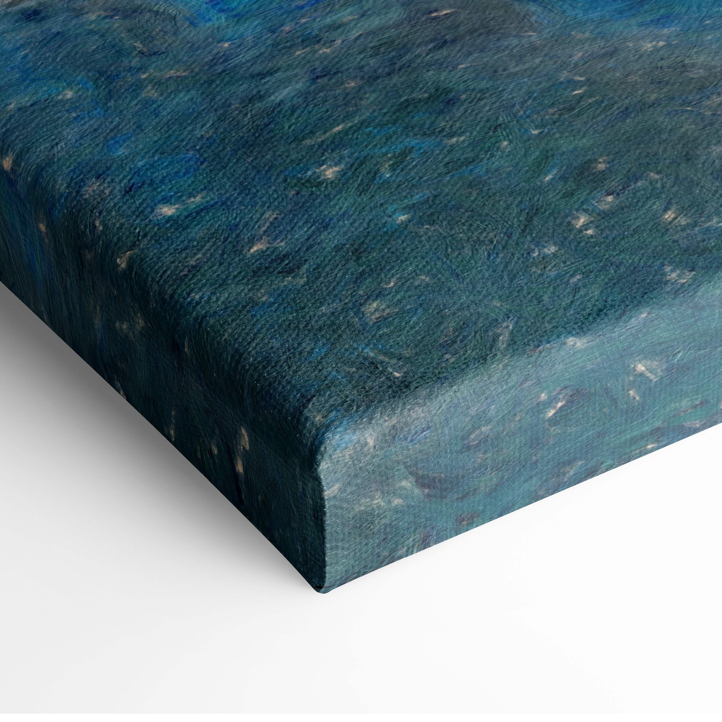 Canvas print featuring a textured impressionistic seascape in deep teal blue hues with blush pink sky and reflective water