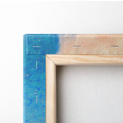 A wooden canvas frame with textured blue and beige painted border and visible stitching for seascape wall art