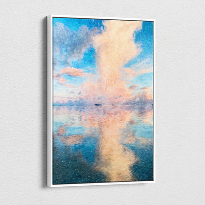 A framed white canvas print of a soft pastel seascape with blush pink and blue sky reflected in calm water