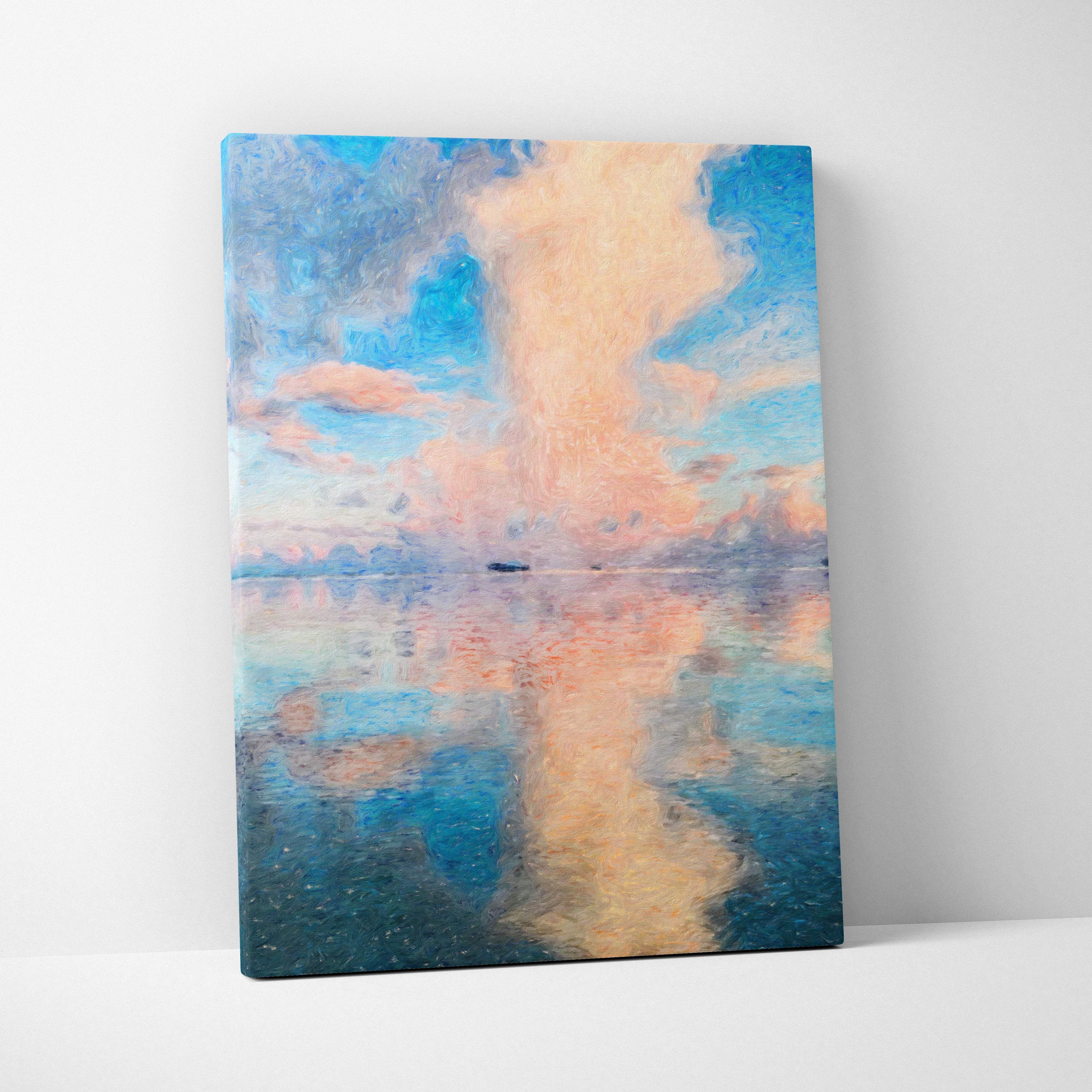 Rectangular canvas print of a soft pastel seascape with blush pink and blue sky reflected in calm water