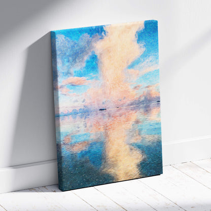 Soft pastel seascape canvas print with vibrant blue and peach tones reflecting sky and water on gallery-wrapped frame