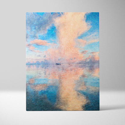 Soft pastel seascape rectangular canvas print with swirling blue and peach pink sky reflected in calm water
