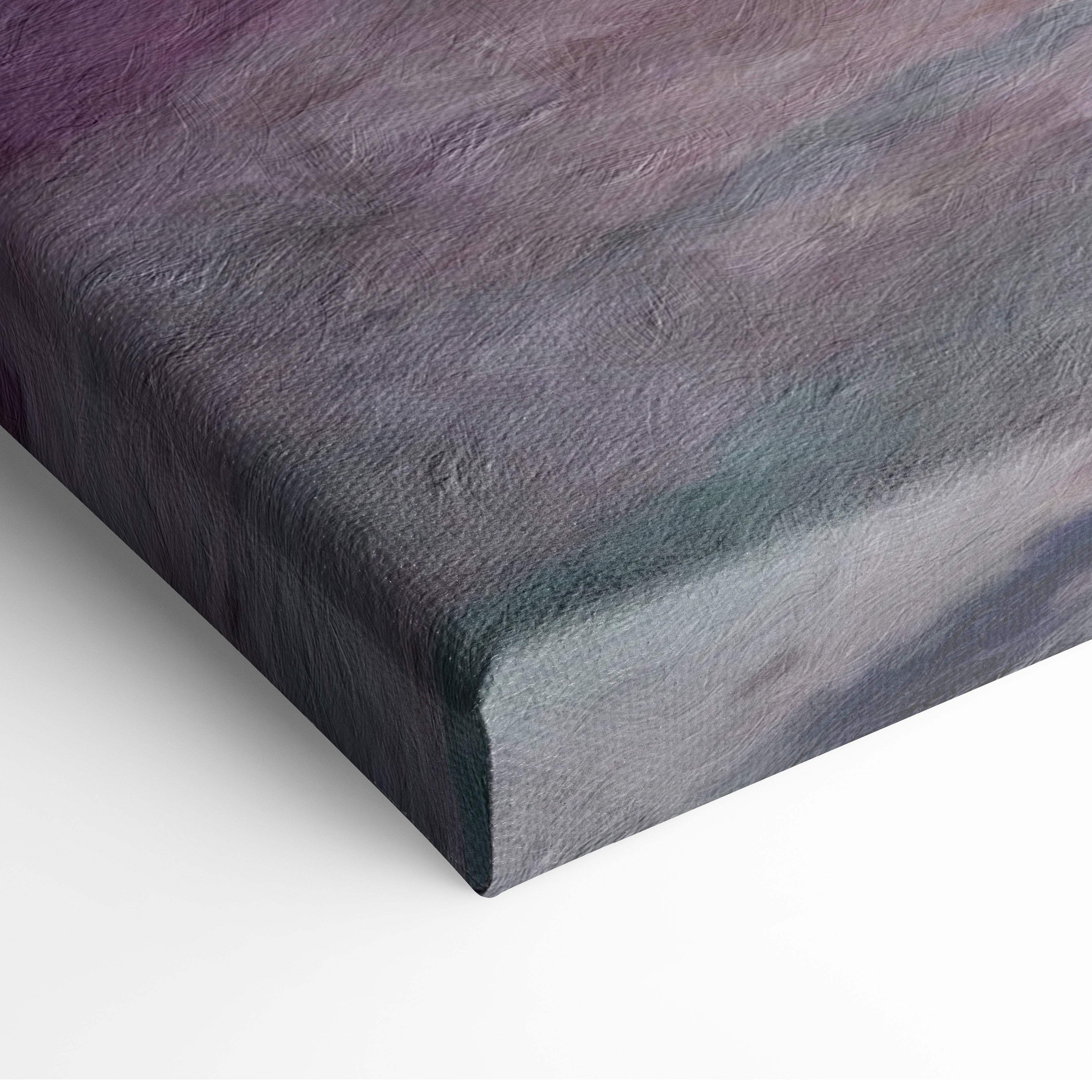 A textured canvas print of a tropical pink sunset beach with palm tree silhouette and gradient pastel sky reflection