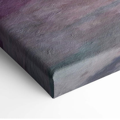 A textured canvas print of a tropical pink sunset beach with palm tree silhouette and gradient pastel sky reflection