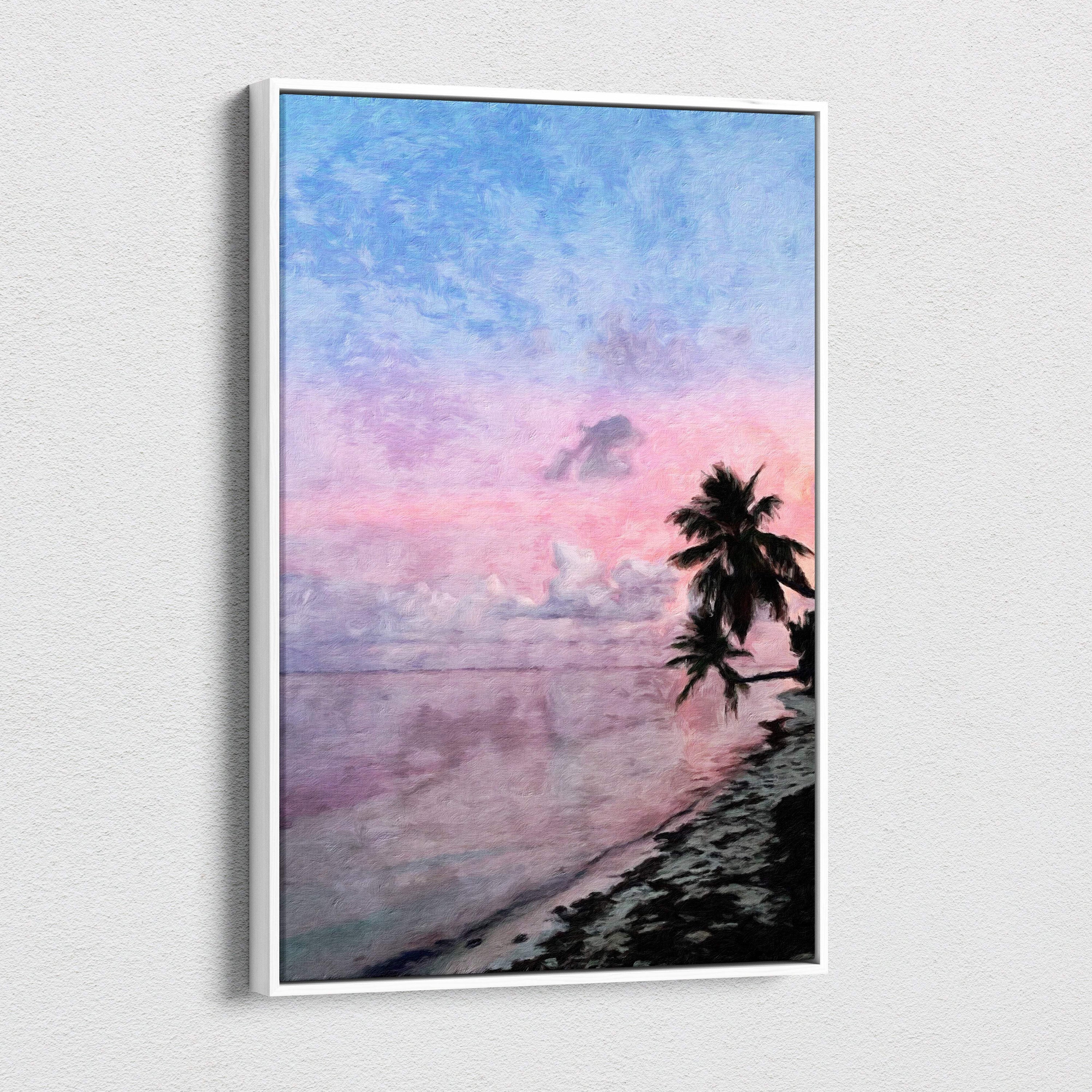 A framed canvas print of tropical pink sunset beach painting with palm tree silhouette and soft pastel sky