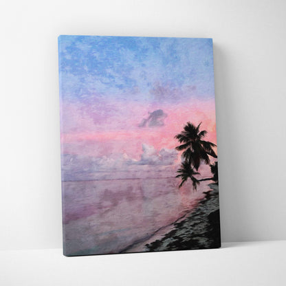 A rectangular canvas print of a tropical pink sunset beach painting with palm tree silhouettes and soft pastel sky