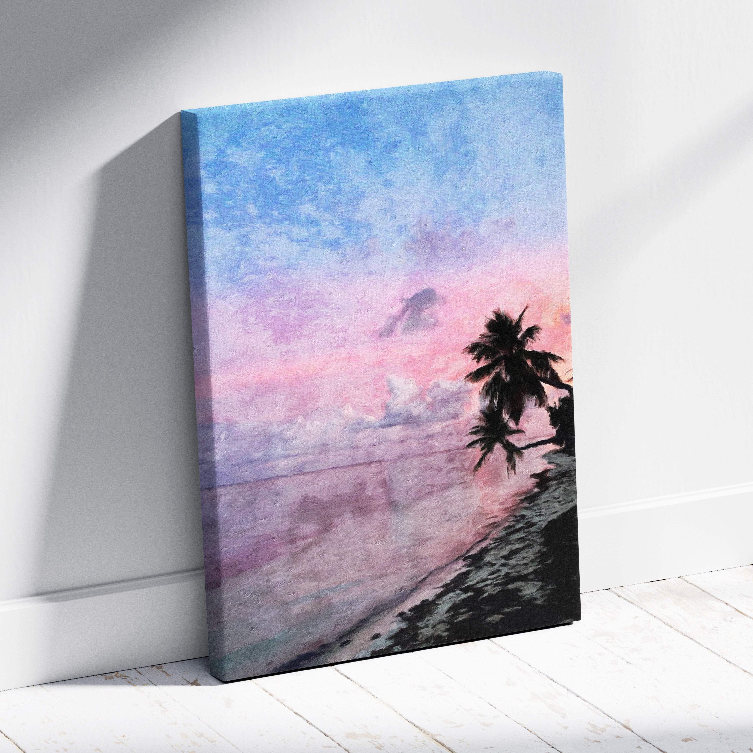 A vibrant canvas print of a tropical pink sunset with palm tree silhouettes and a soft pastel sky over calm ocean reflection