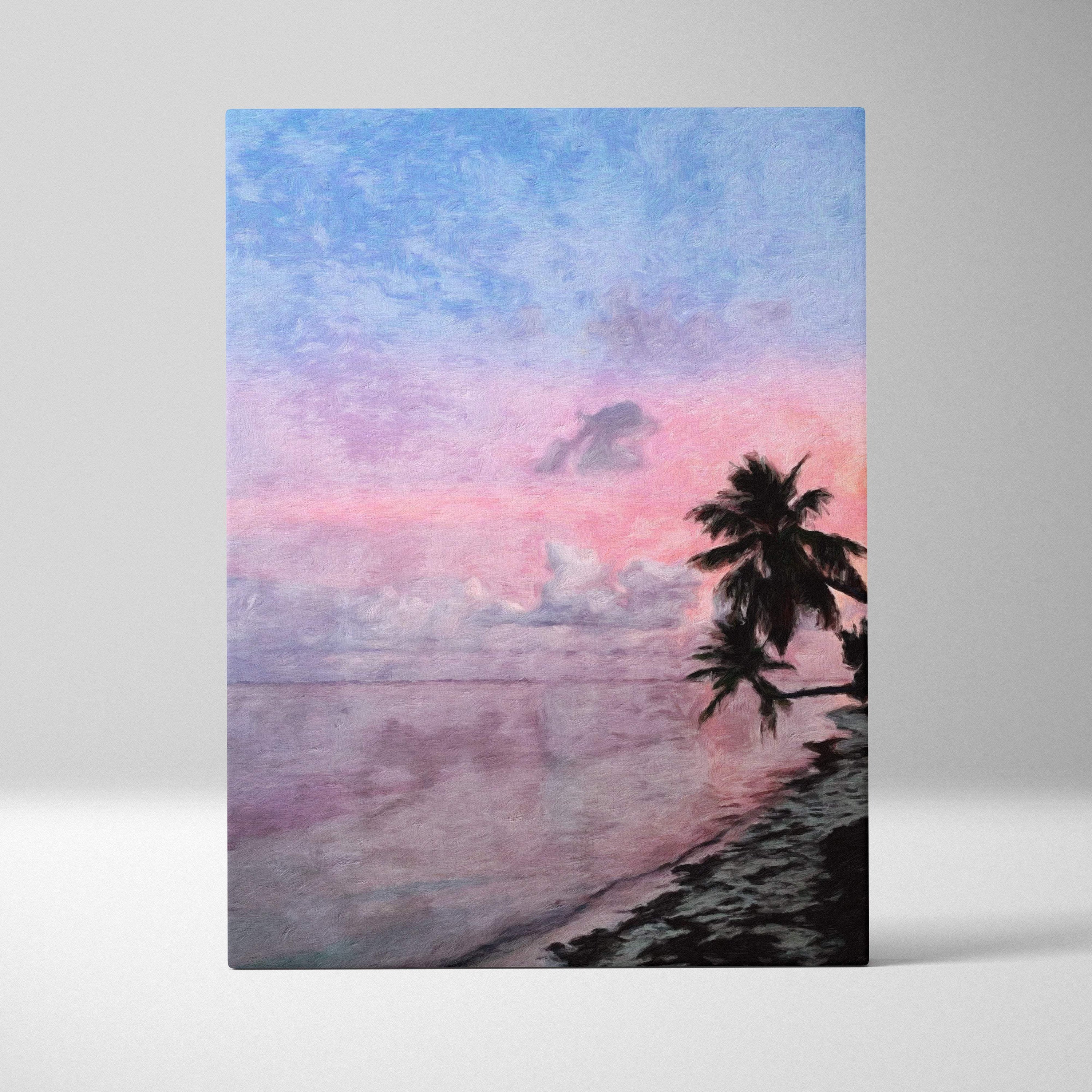 A rectangular canvas print of a tropical pink sunset beach painting with palm tree silhouettes and a soft pastel sky