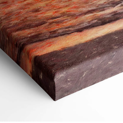 Canvas print with textured wood grain design in warm brown and orange tones depicting vibrant sunset seascape art