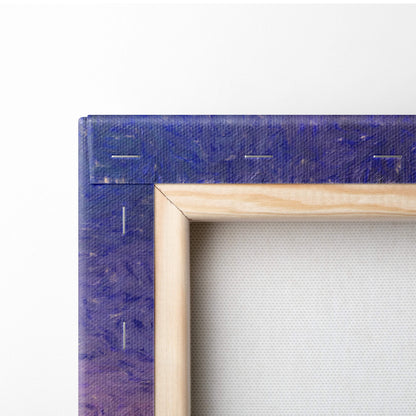 A wooden frame with a deep blue textured canvas backing for vibrant sunset seascape painting style wall art