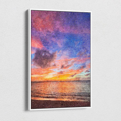 A framed canvas print of vibrant sunset seascape with purple pink and orange swirling clouds over textured ocean waves