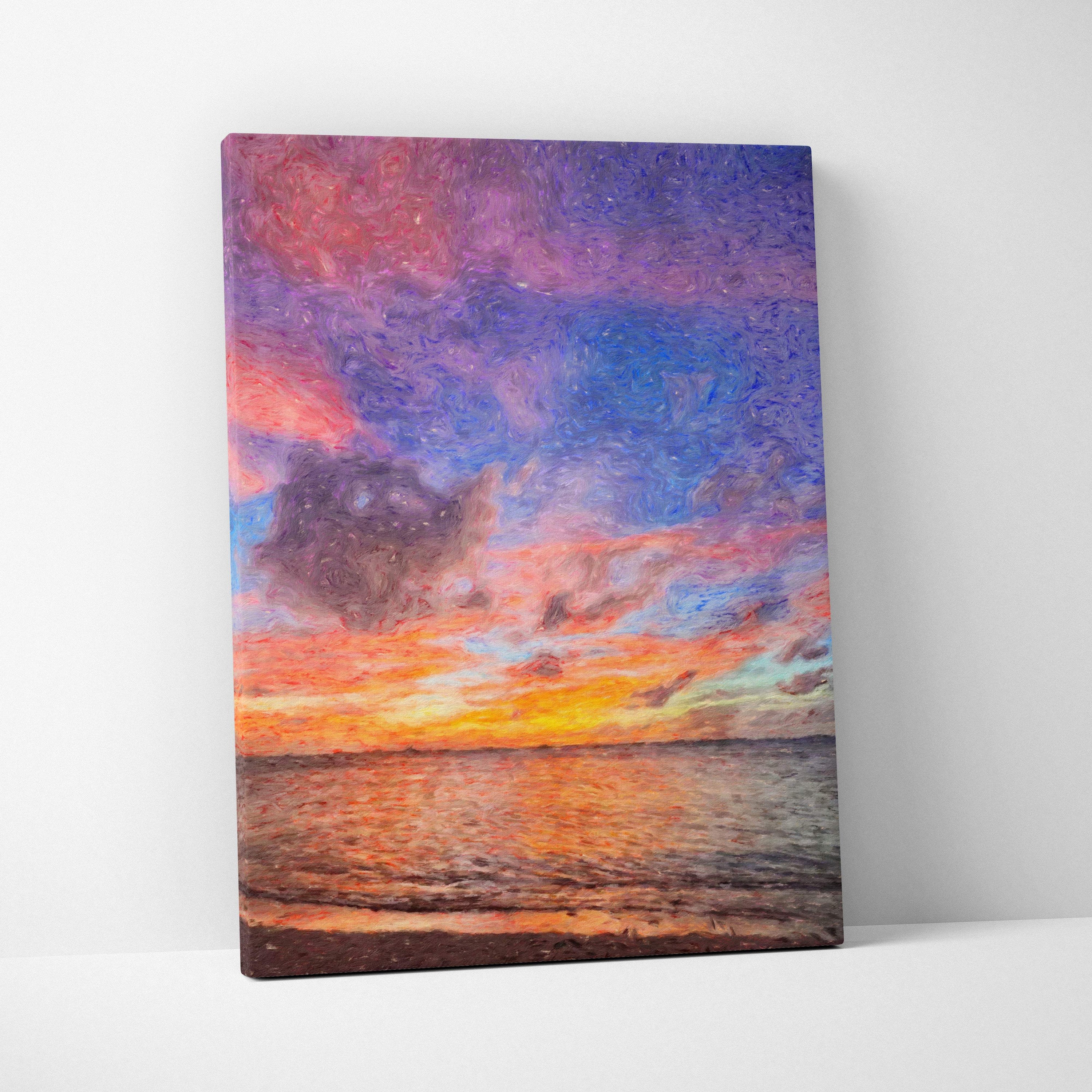 Vibrant sunset seascape canvas print with textured brushstrokes in orange pink purple and blue reflecting on ocean surface