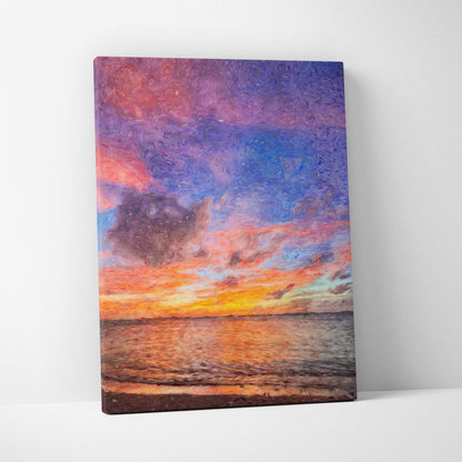 Vibrant sunset seascape canvas print with textured brushstrokes in orange pink purple and blue reflecting on ocean surface
