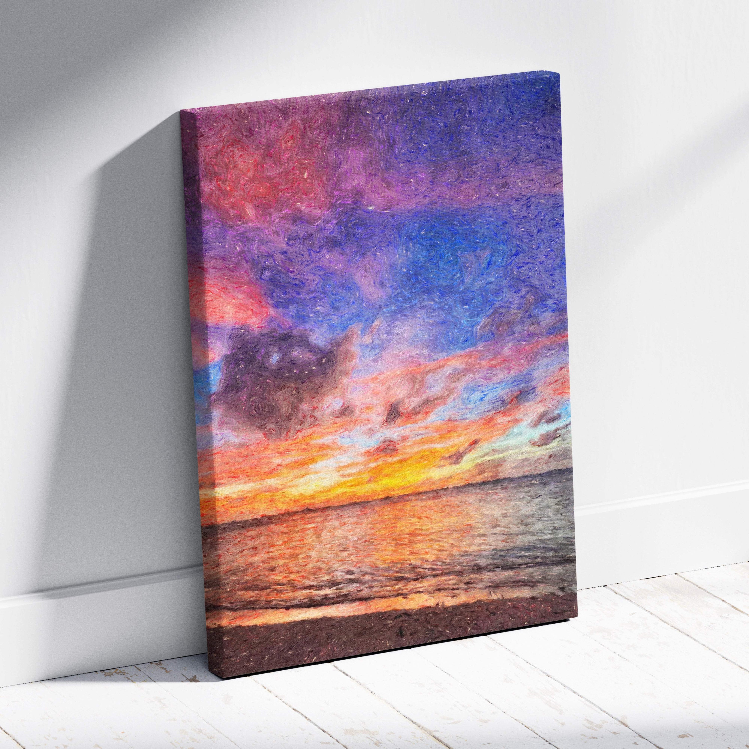 Vibrant sunset seascape canvas print featuring swirling purple blue orange and yellow clouds over textured ocean waves