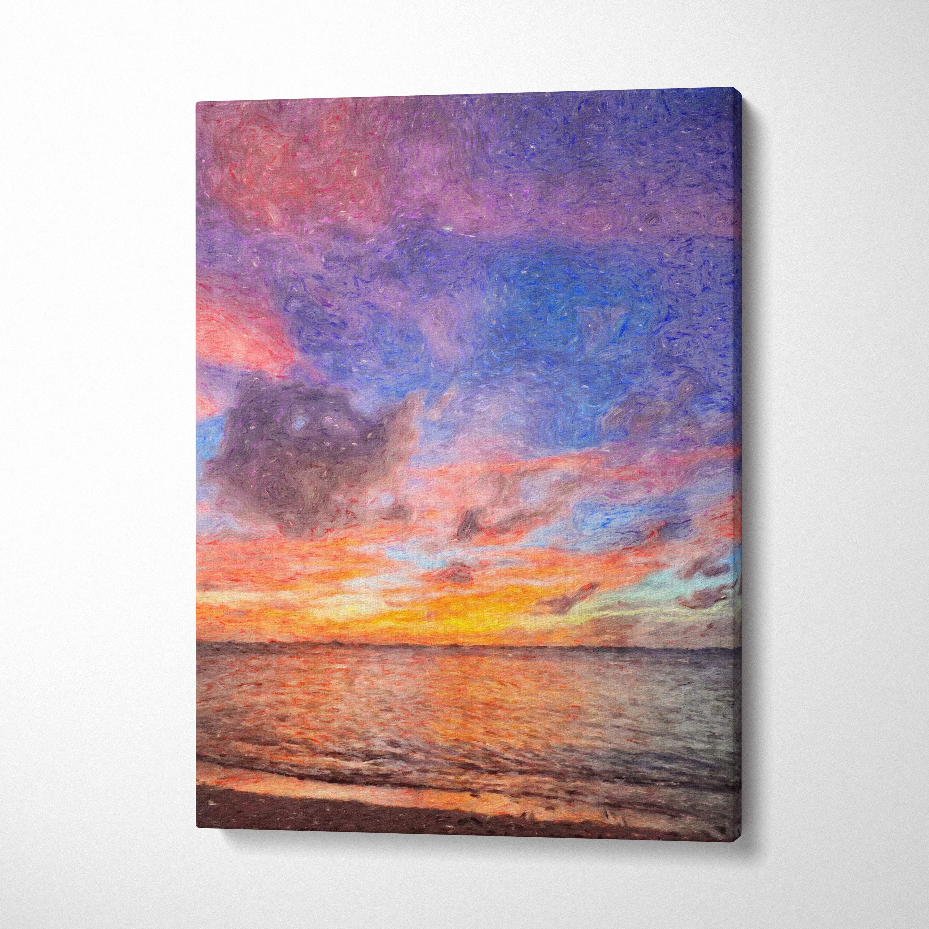 Vibrant sunset seascape canvas print featuring a colorful sky with pink purple orange clouds over textured ocean waves