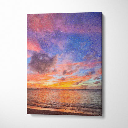 Vibrant sunset seascape canvas print featuring a colorful sky with pink purple orange clouds over textured ocean waves