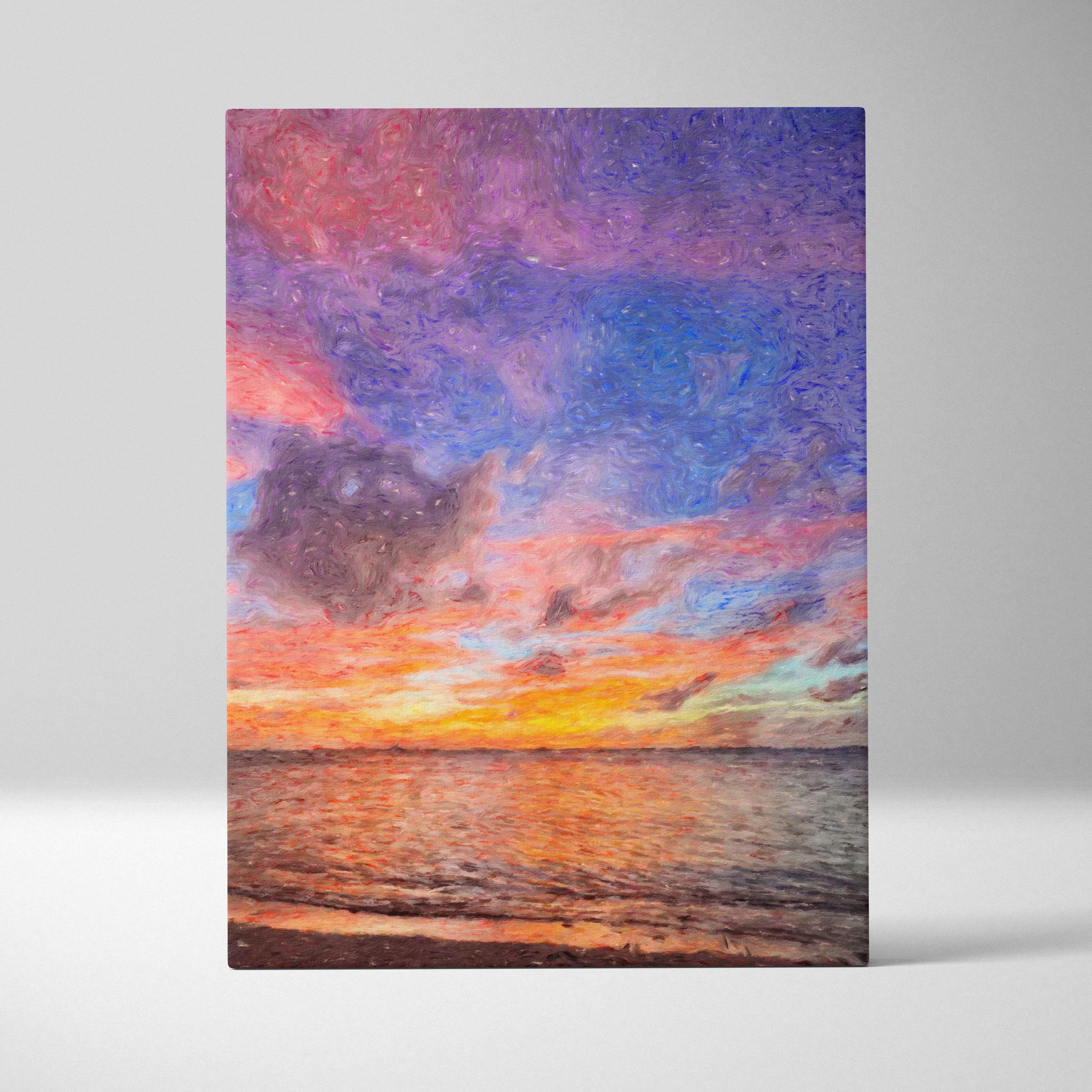 Vibrant sunset seascape painting style canvas print with textured brushstrokes in orange pink purple and blue hues