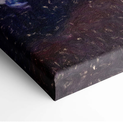 Dark canvas print of serene mountain landscape painting style with starry night sky in deep purples and blues