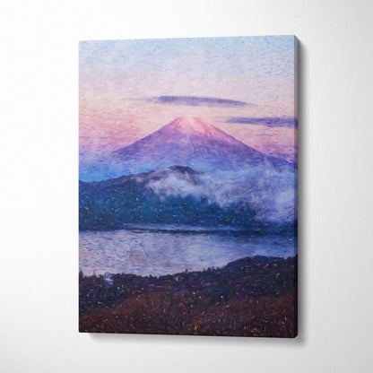 A canvas print of a serene mount fuji landscape at dusk in soft pastel pink and purple with visible brushstrokes