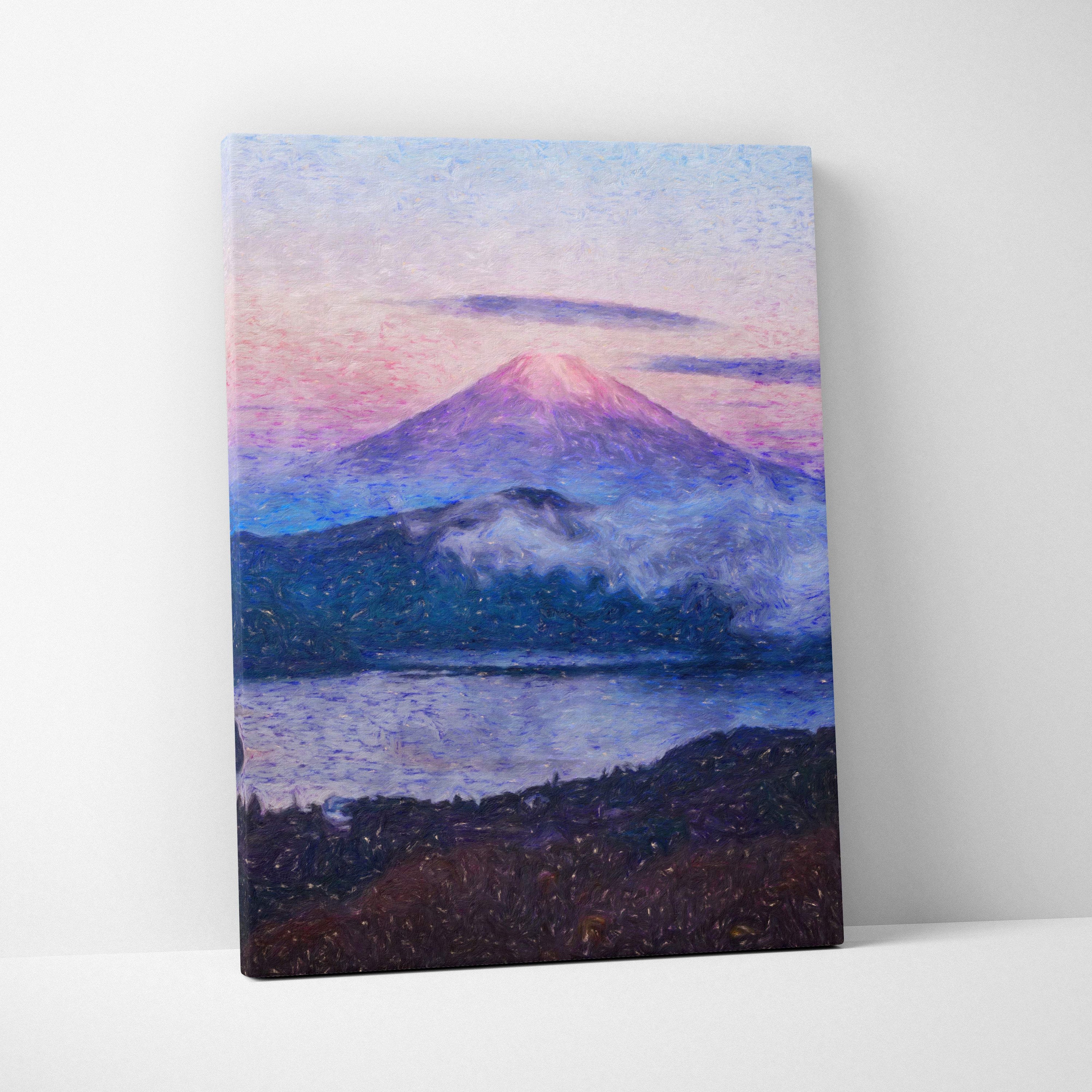 A canvas print of mount fuji at sunset with soft pastel hues and brushstroke texture in serene mountain landscape style
