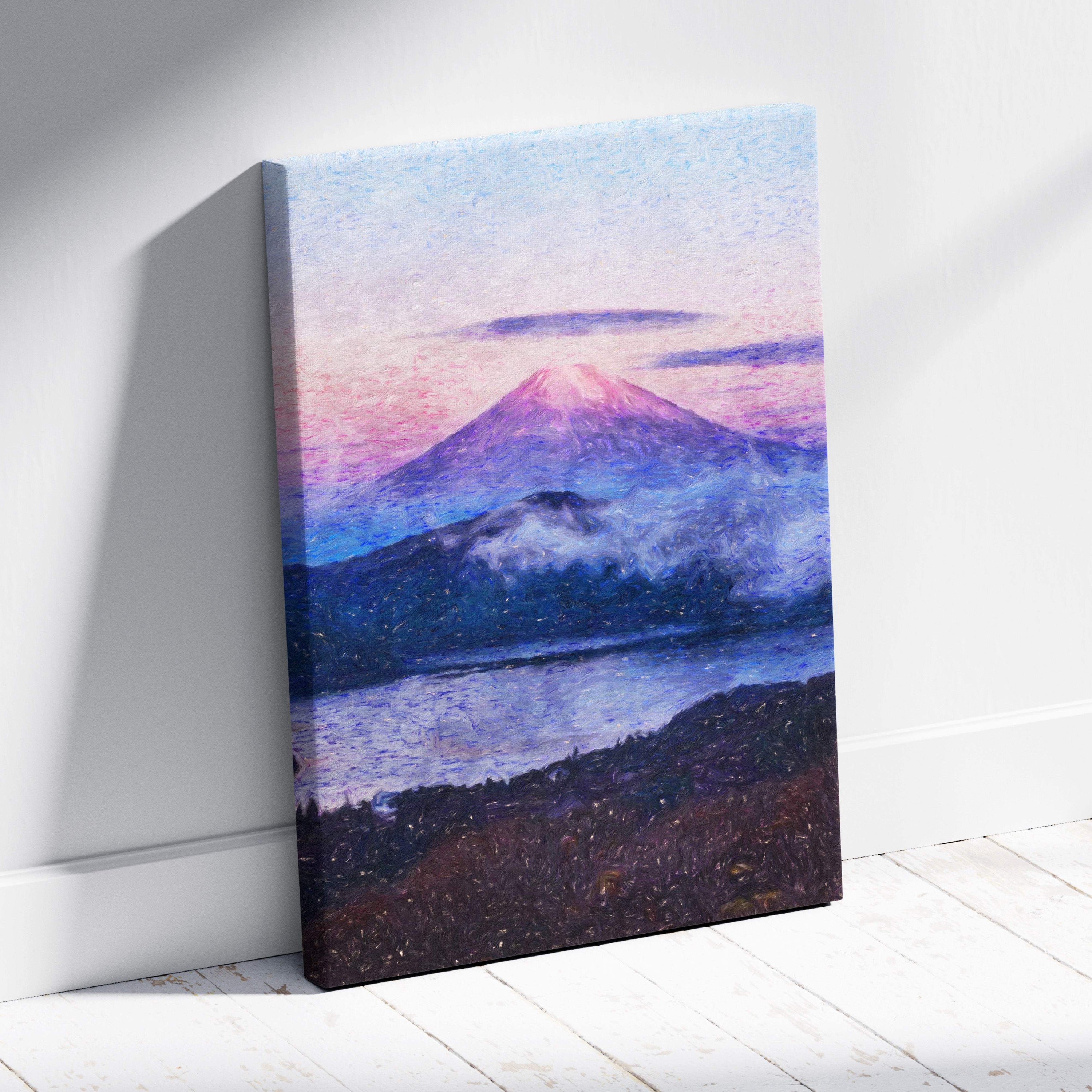 Vibrant canvas print of stylized mount fuji at dusk with soft pastel hues and textured brushstrokes in impressionist style