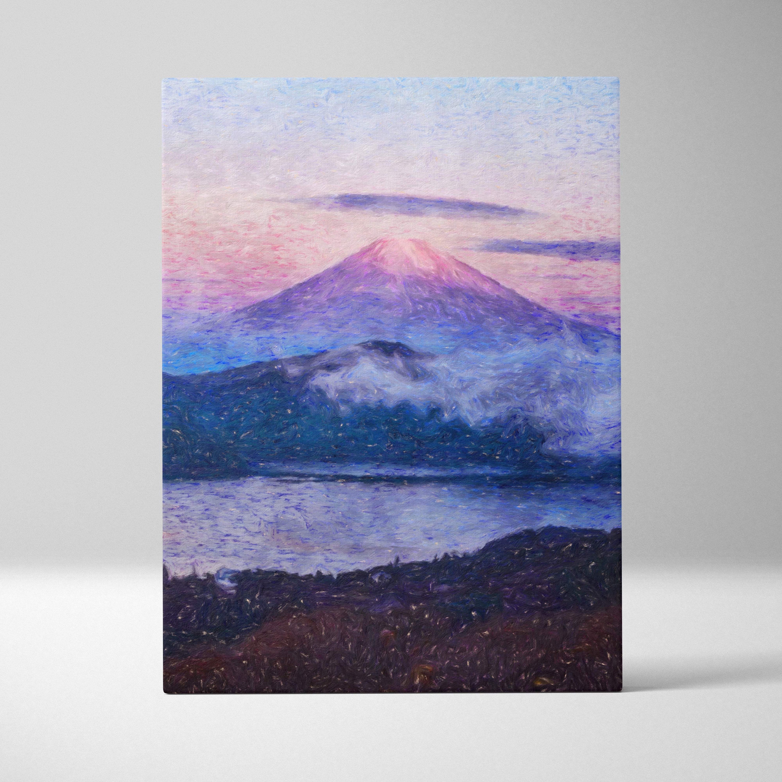 Rectangular canvas print of mount fuji at dusk with snow-capped peak and soft pink and purple pastel sky in impressionist style