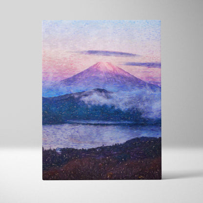 Rectangular canvas print of mount fuji at dusk with snow-capped peak and soft pink and purple pastel sky in impressionist style