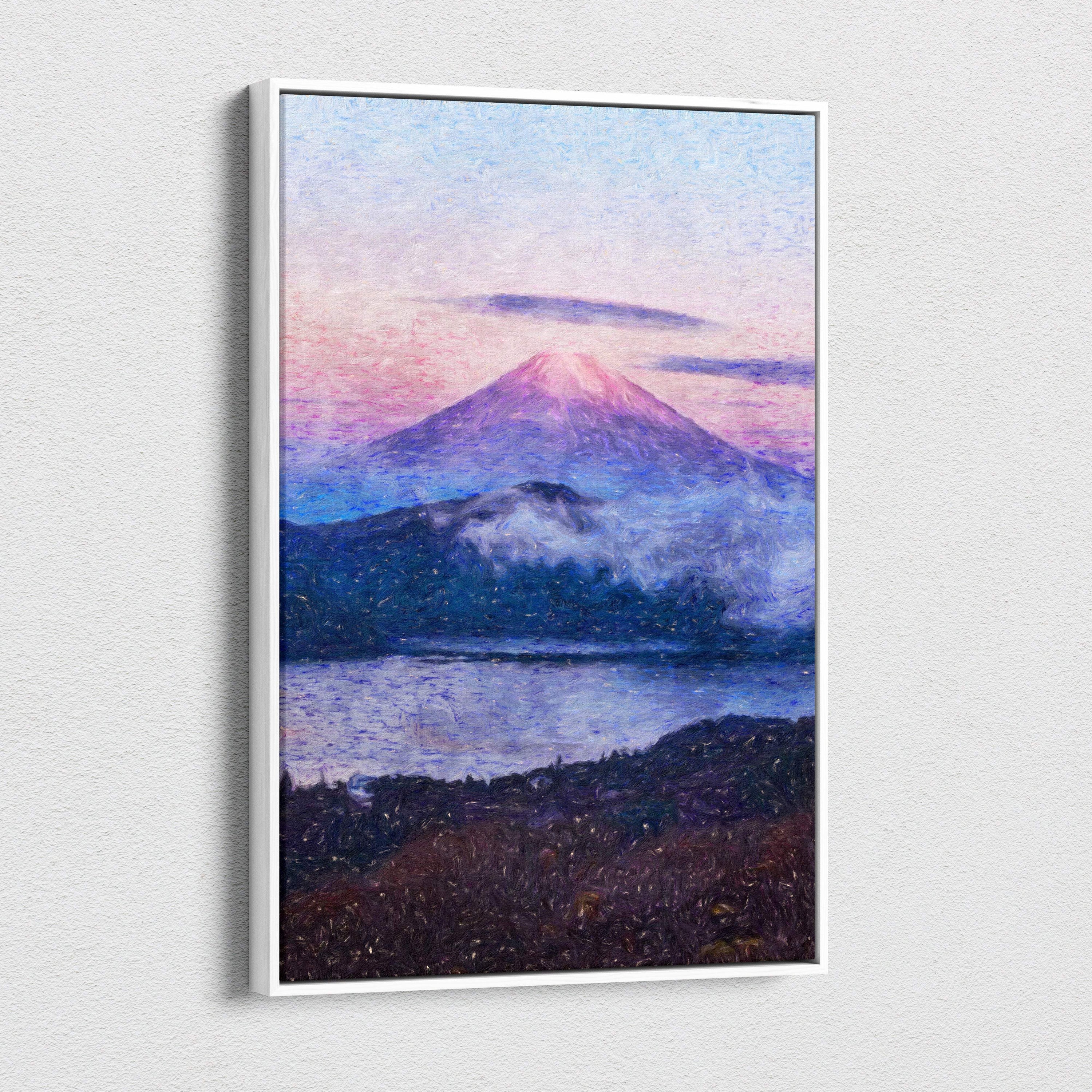 A framed canvas print of mount fuji at dusk with soft pastel pink and purple hues in an impressionist style