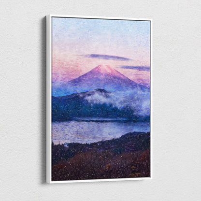 A framed canvas print of mount fuji at dusk with soft pastel pink and purple hues in an impressionist style