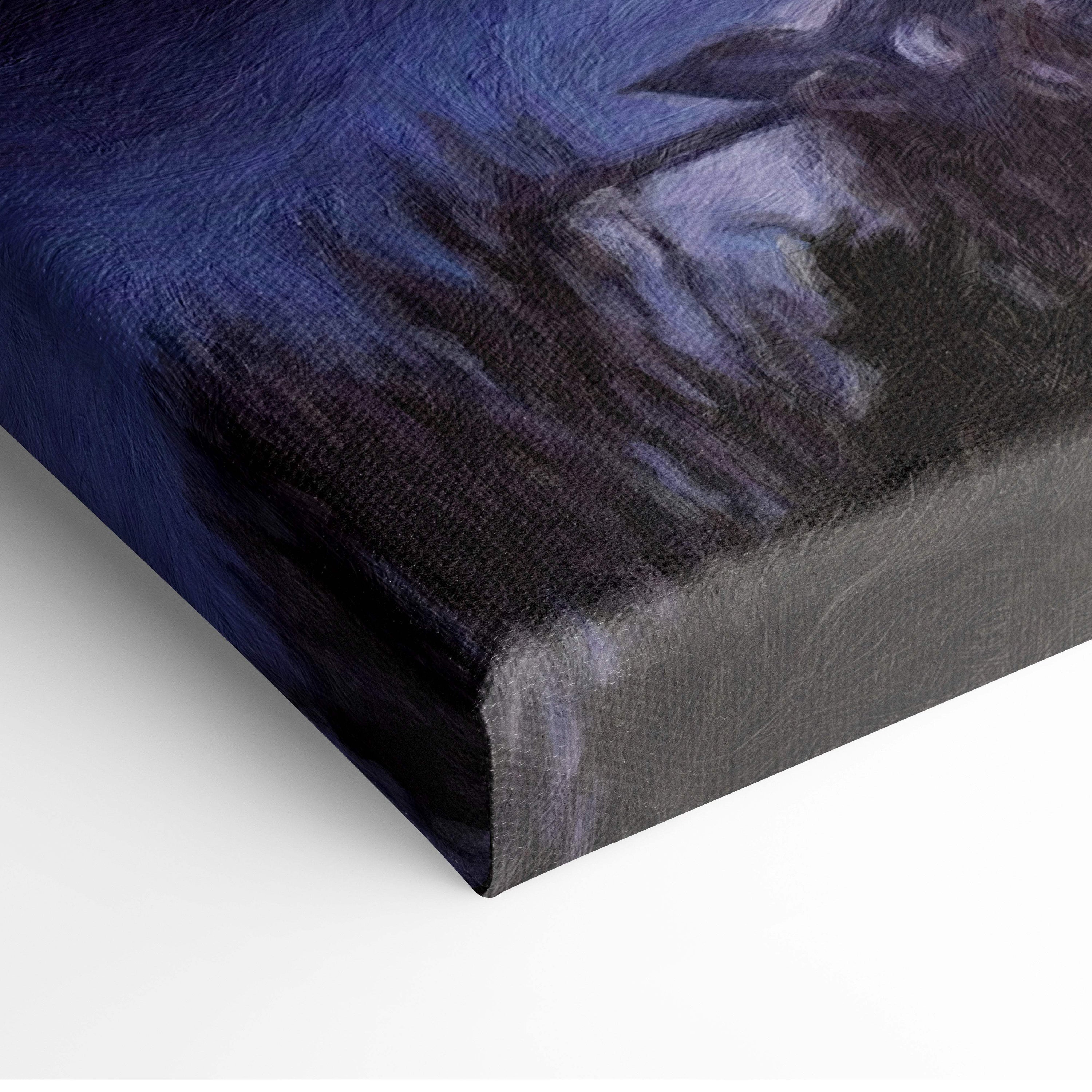Dark blue canvas print with textured brushstrokes showing a moody figure for dreamy coastal mountain wall art
