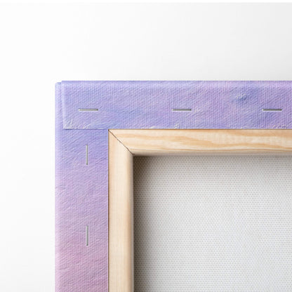 Dreamy coastal mountain painting style wall art with light purple textured canvas and natural wood frame
