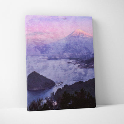 Rectangular canvas print of dreamy coastal mountain painting at sunset with soft pastel hues and snow-capped peaks reflected in misty lake