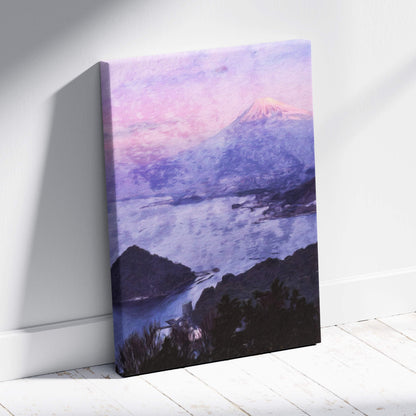 A soft pastel impressionist canvas print of a dreamy coastal mountain painting at sunset with misty lake and island view