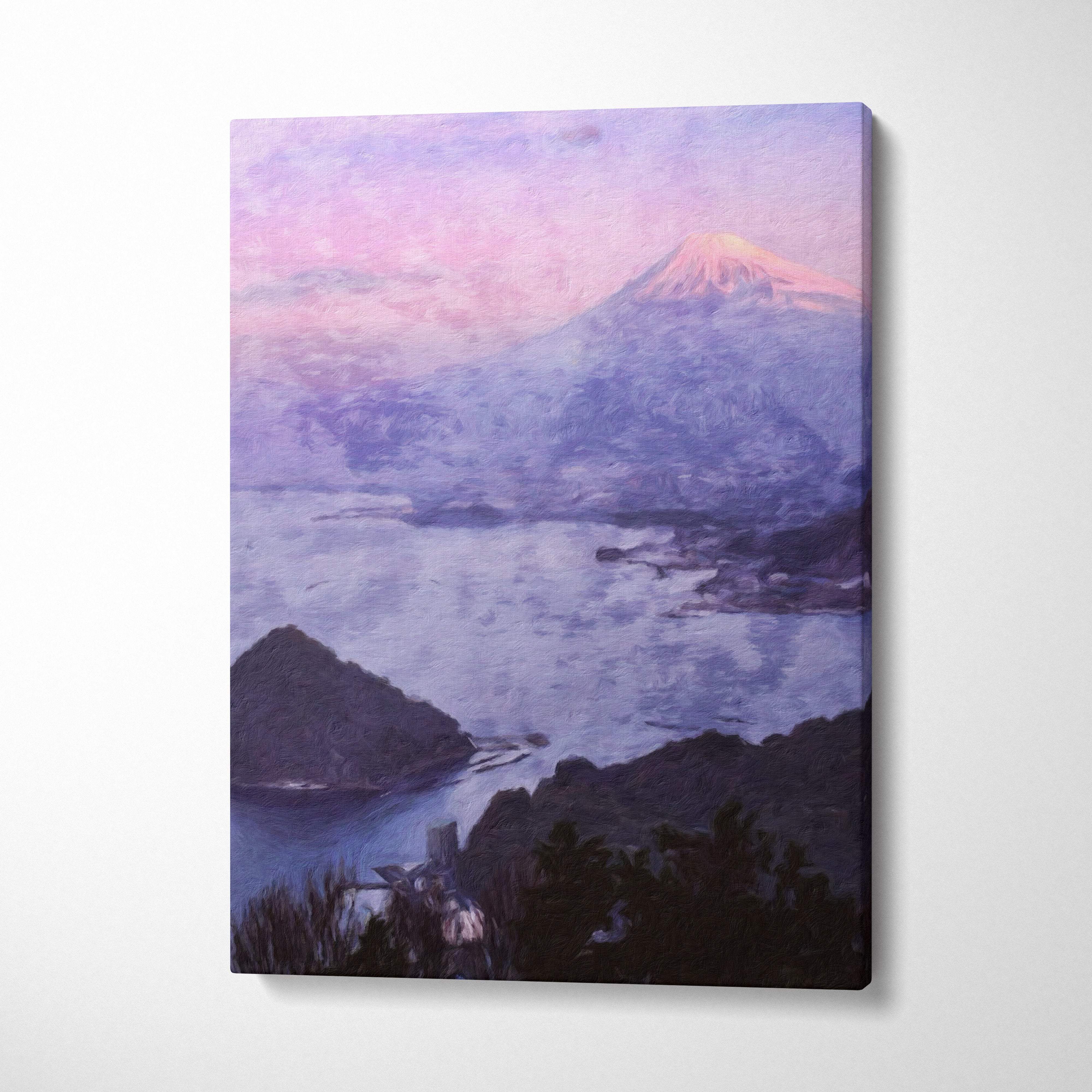 Dreamy coastal mountain painting style wall art canvas print with soft pink and purple hues over snow-capped peaks at dusk