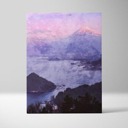 A rectangular canvas print of a dreamy coastal mountain scene featuring mount fuji at dusk with soft pastel skies