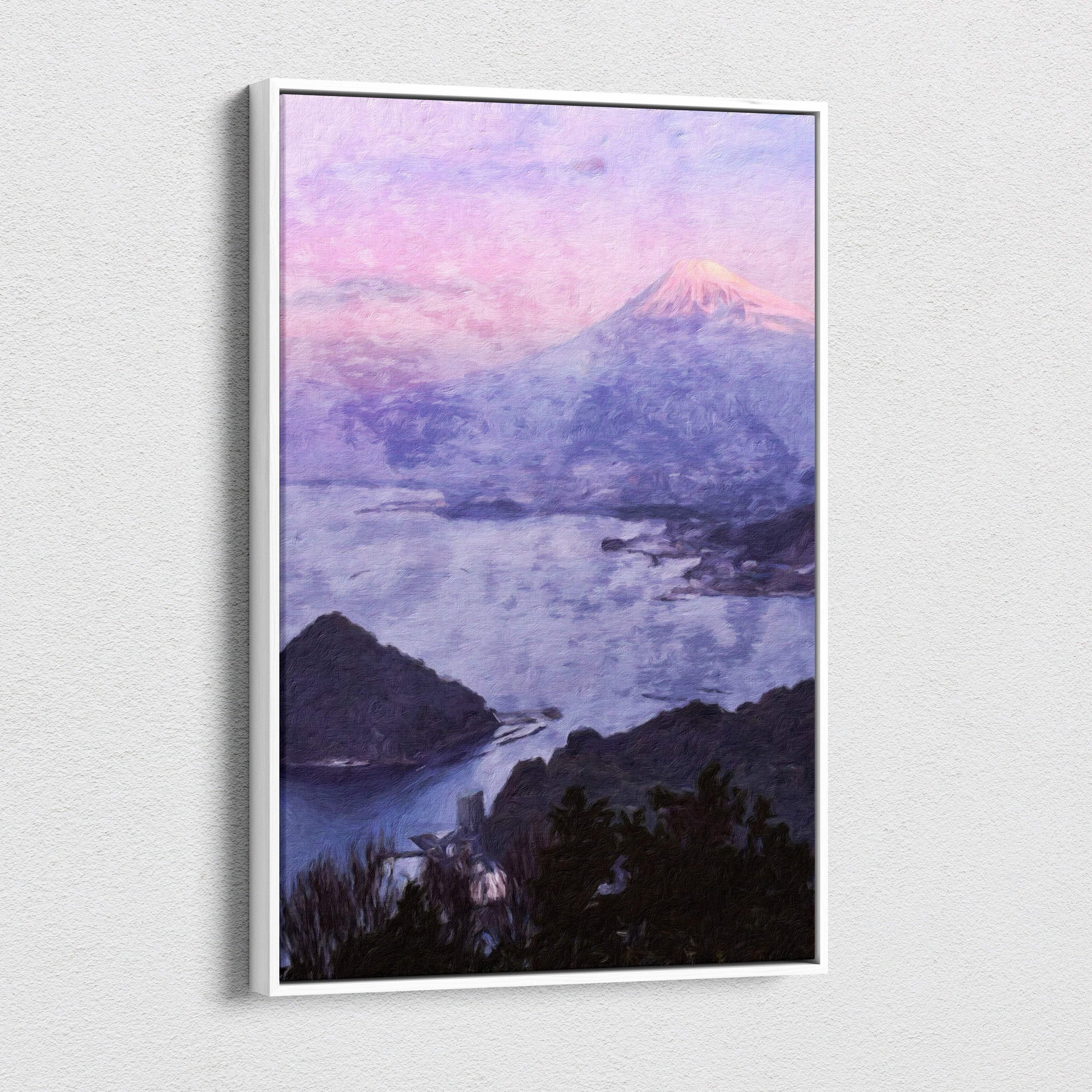 A framed canvas print of a dreamy coastal mountain painting with soft pastel purple and pink skies at sunset