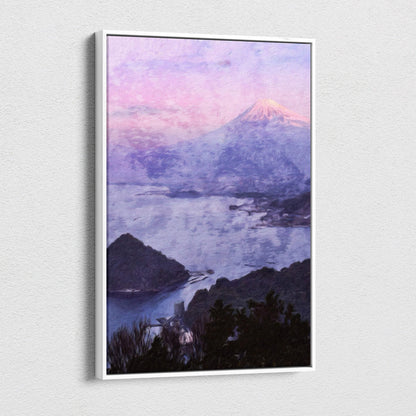 A framed canvas print of a dreamy coastal mountain painting with soft pastel purple and pink skies at sunset