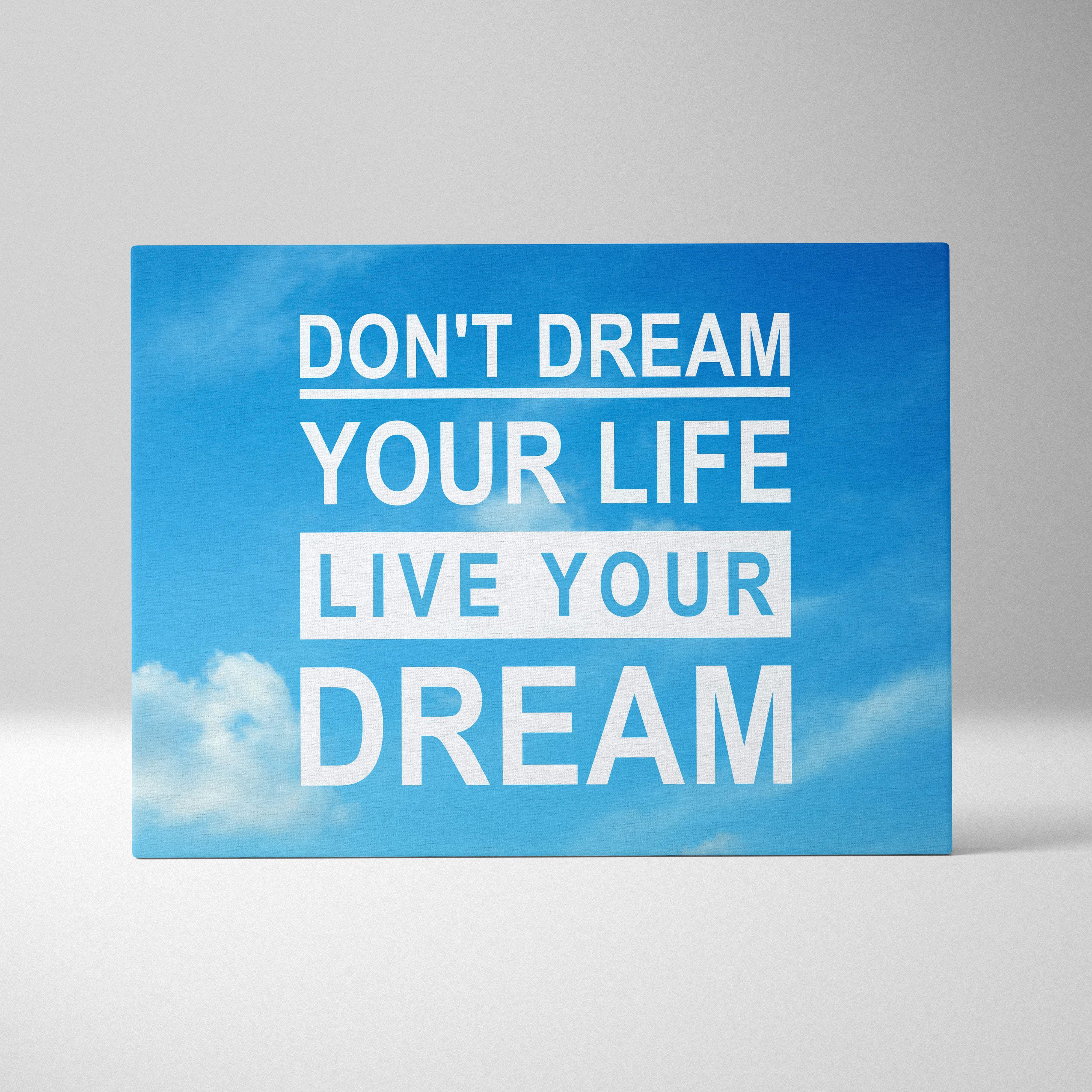 Blue canvas print with white motivational text live your dream for office bedroom or living room wall decor
