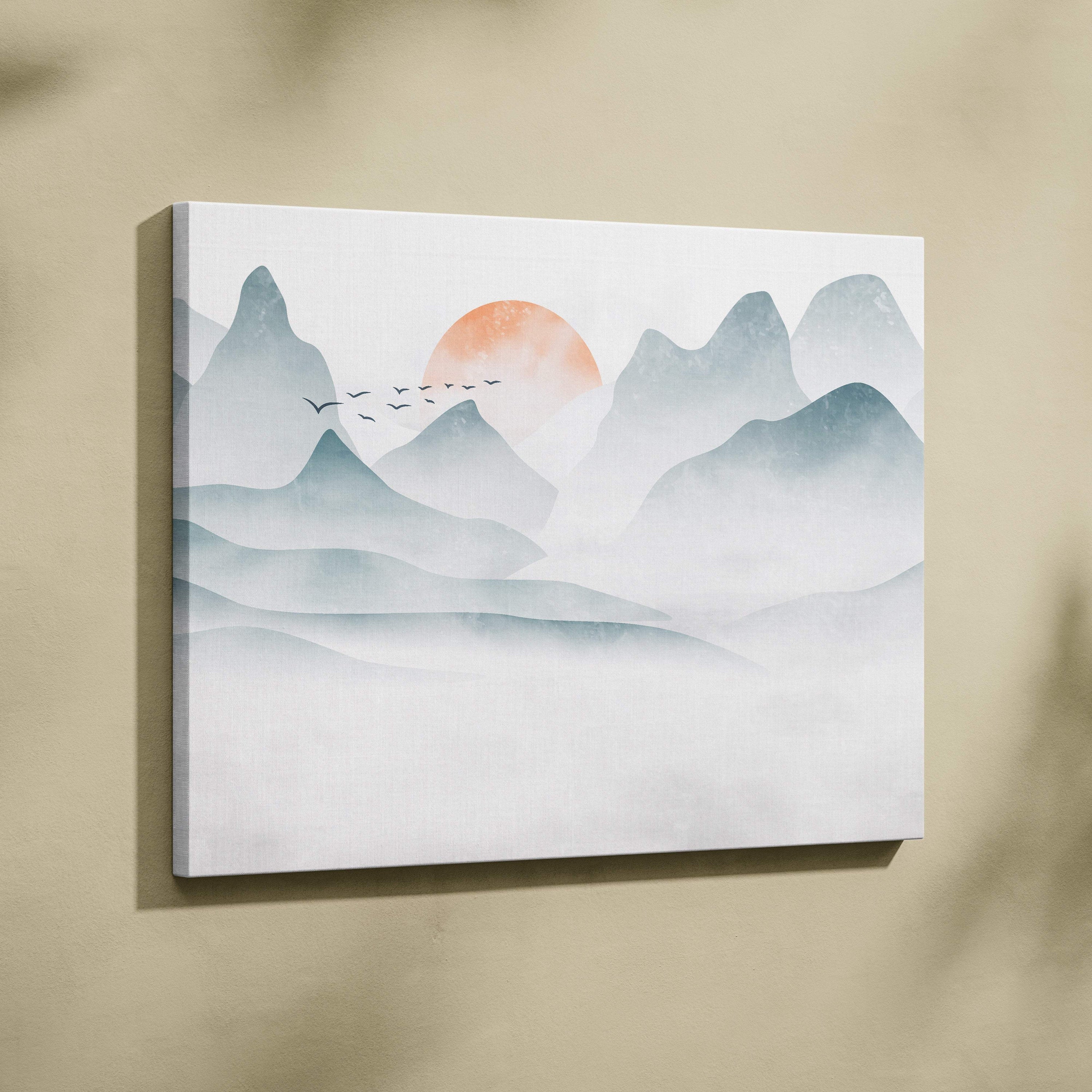 Minimalist misty mountain sunrise canvas wall art print with teal gray layers orange sun and flying birds for japandi decor